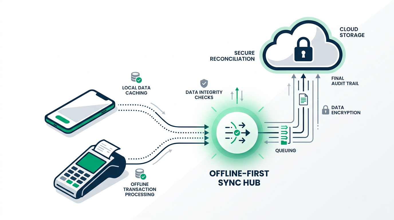 Offline-first devices syncing to secure cloud reconciliation